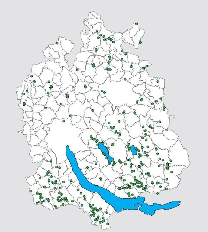Man sieht eine Karte des Kantons, auf der grüne Punkte sichtbar sind.